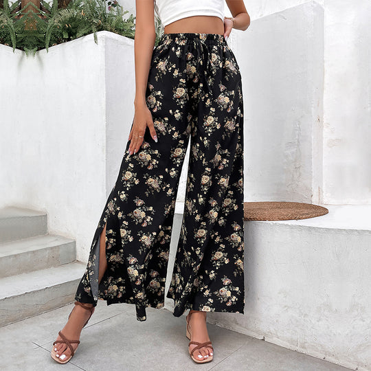 Damen Palazzo-Hose mit floralem Muster und hohen Schlitzen EB