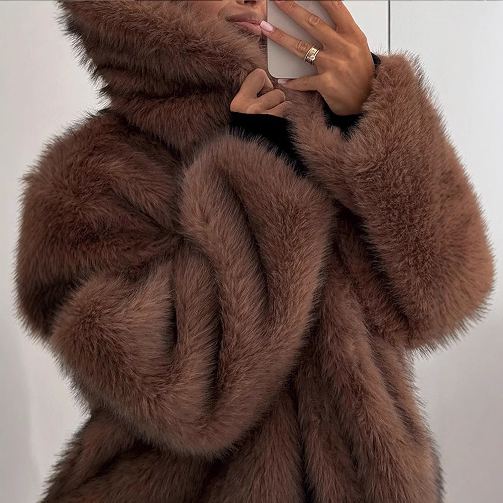 Damen stylischer Kunstfellmantel mit breitem Kragen EB