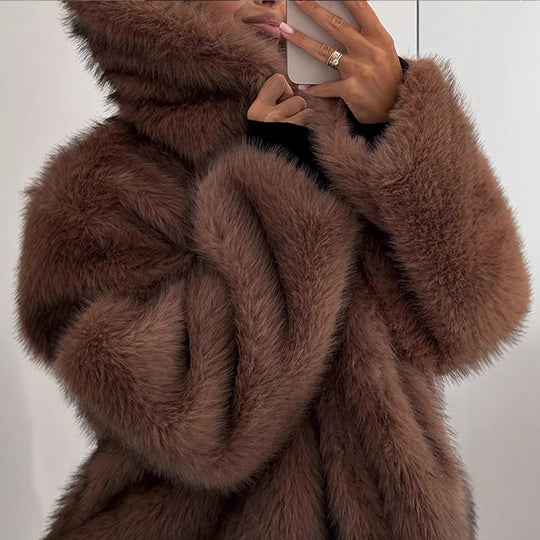 Damen stylischer Kunstfellmantel mit breitem Kragen EB