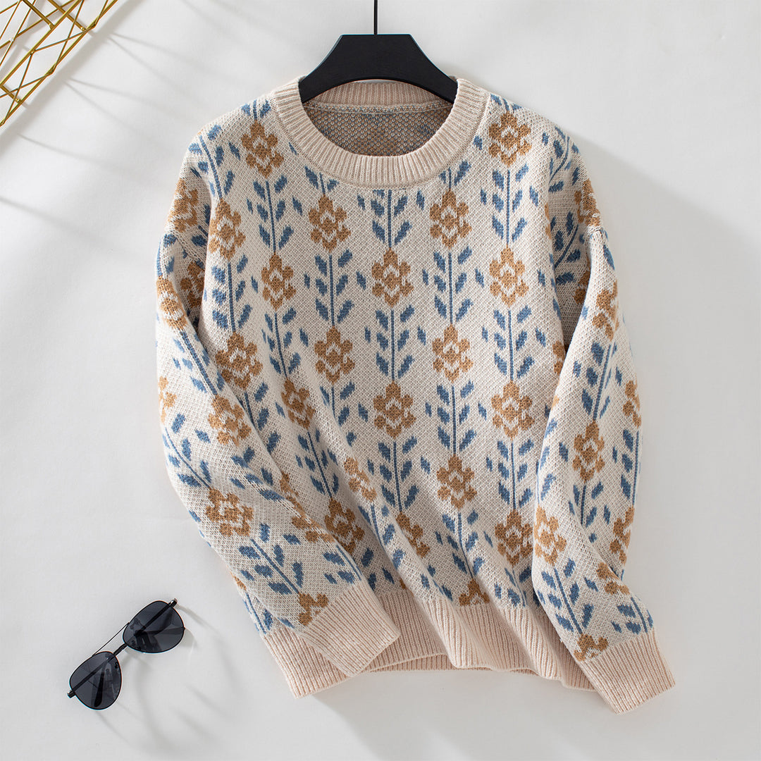 Damen lässiger Pullover mit floralem Muster und Rundhalsausschnitt EB