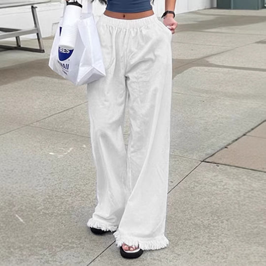 Damen Weite Baumwollhose mit elastischem Bund und femininen Fransen EB