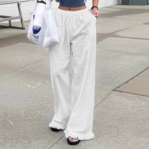 Damen Weite Baumwollhose mit elastischem Bund und femininen Fransen EB