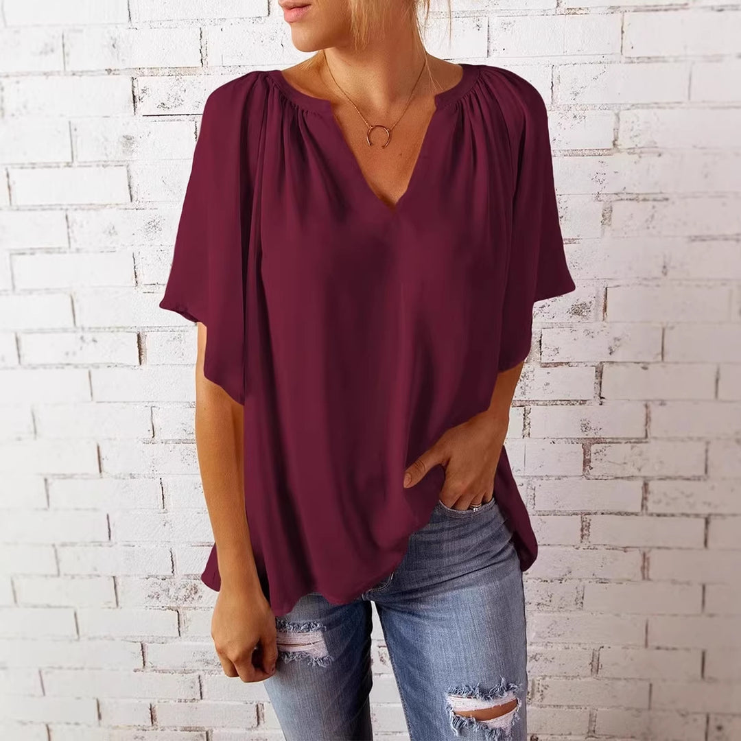 Damen lockeres Blusenshirt mit V-Ausschnitt und luftigen Ärmeln EB