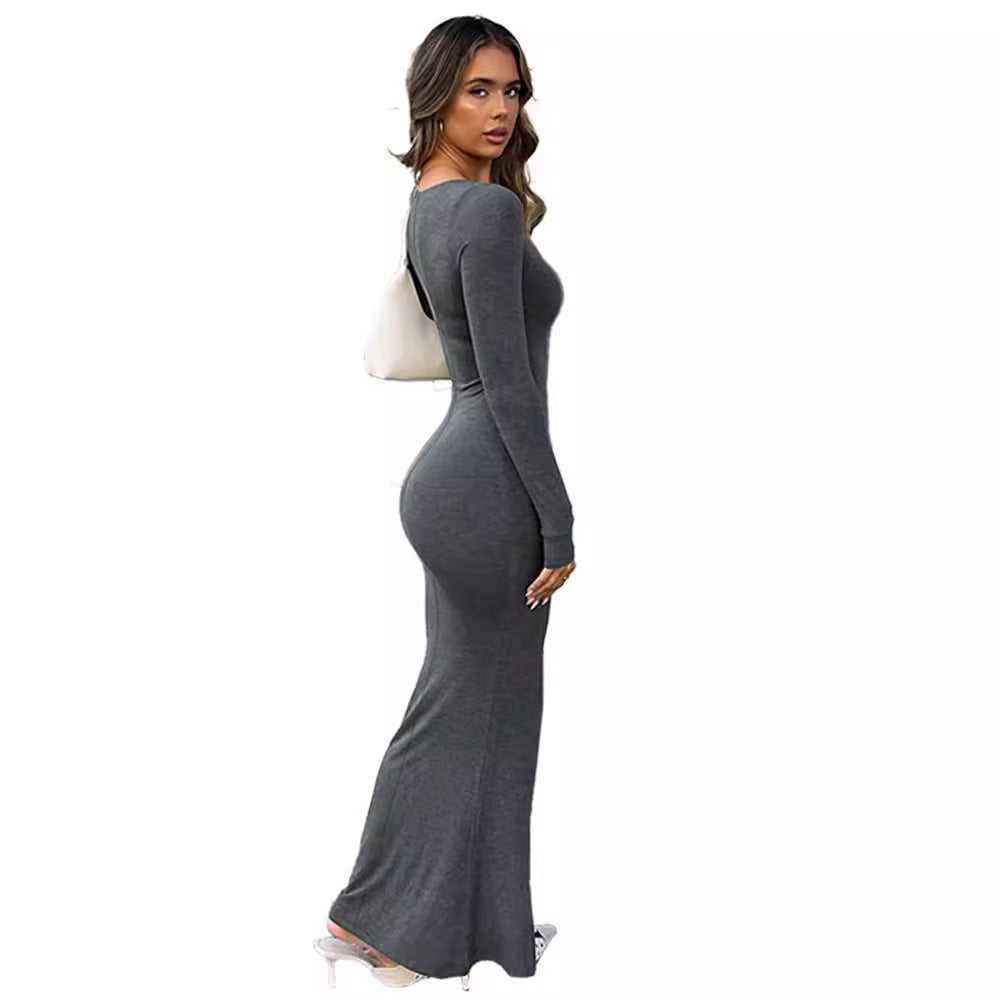 Damen Figurbetontes Stretch-Jerseykleid mit tiefem U-Boot-Ausschnitt und langen Ärmeln EB