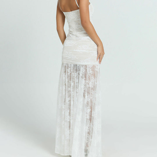 Damen Spitzen-Midi-Kleid mit transparentem Futter und raffinierten Trägern EB