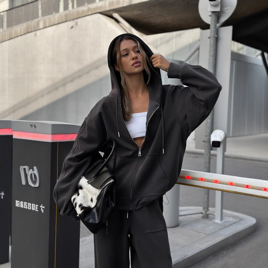 Damen nan oversized Kapuzenjacke mit Reißverschluss und Kängurutasche EB