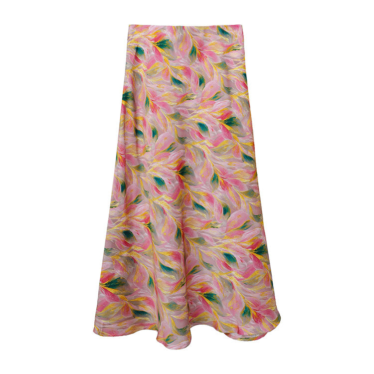 Damen  fließender Midirock mit floralem Print und A-Linie aus satinähnlichem Stoff EB