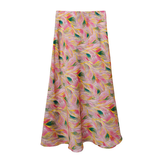 Damen  fließender Midirock mit floralem Print und A-Linie aus satinähnlichem Stoff EB