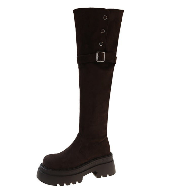 Damen Elegante Overknee-Stiefel mit modischem Riemen und Knopfdetails EB