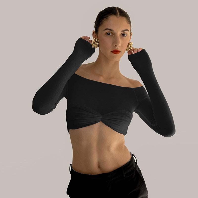 Damen Langarm Cropped Top mit gerafftem Design und schulterfreiem Look EB