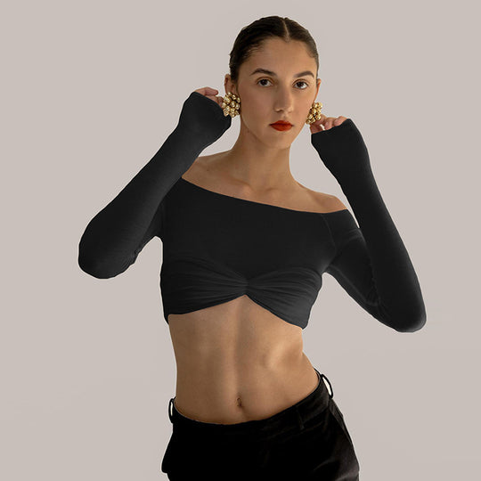Damen Langarm Cropped Top mit gerafftem Design und schulterfreiem Look EB