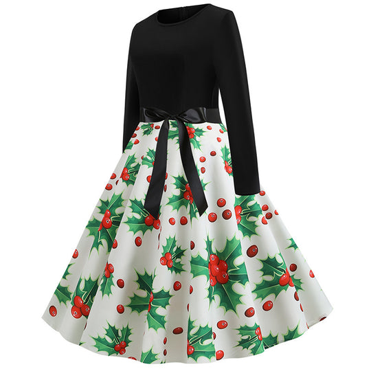 Damen Festliches A‑Linien Tellerrockkleid mit langem Arm, taillierter Passform und Stechpalmenprint EB