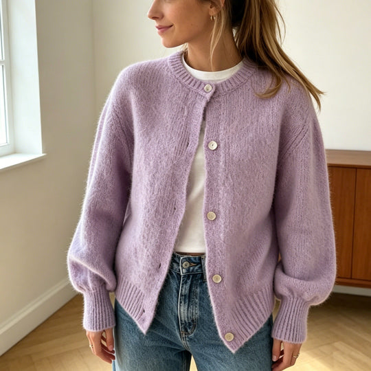 Damen Kuschelige Mohair-Optik Strickjacke mit Rundhals und Ballonärmeln EB