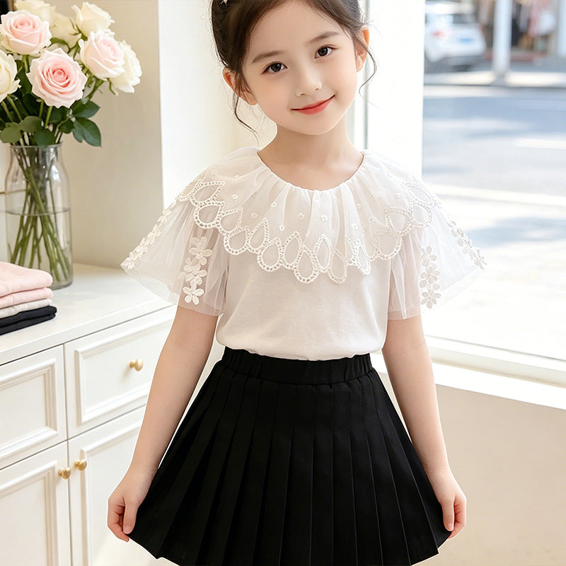 Mädchen T-Shirt mit elegantem Tüllkragen und floralem Detail EB