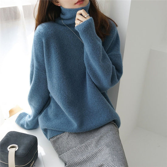 Damen Oversized Pullover mit hohem Kragen und Puffärmeln EB
