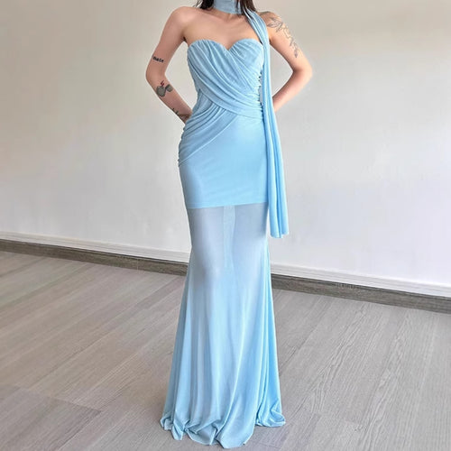 Damen Elegant geschnittenes Maxikleid mit asymmetrischem Ausschnitt und figurformendem Design EB