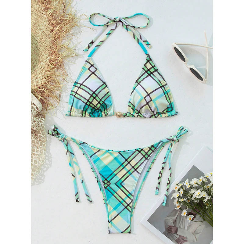 Damen Triangel-Bikini mit modischem Karomuster und verstellbaren Trägern EB
