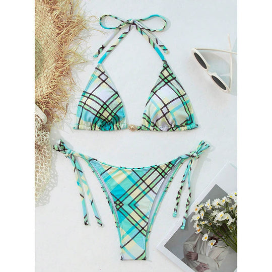 Damen Triangel-Bikini mit modischem Karomuster und verstellbaren Trägern EB