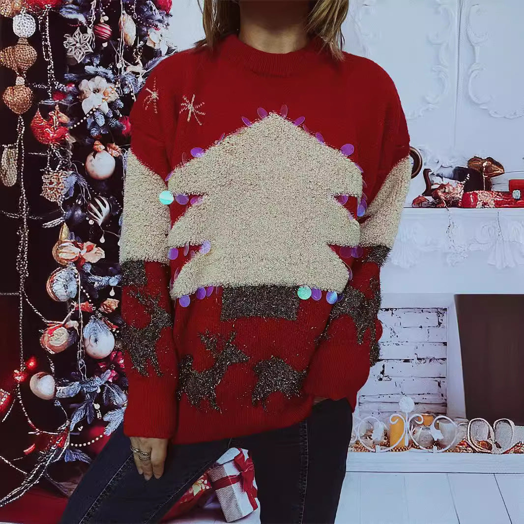 Damen festlicher Pullover mit weihnachtlichem Motiv und Glitzerapplikationen EB