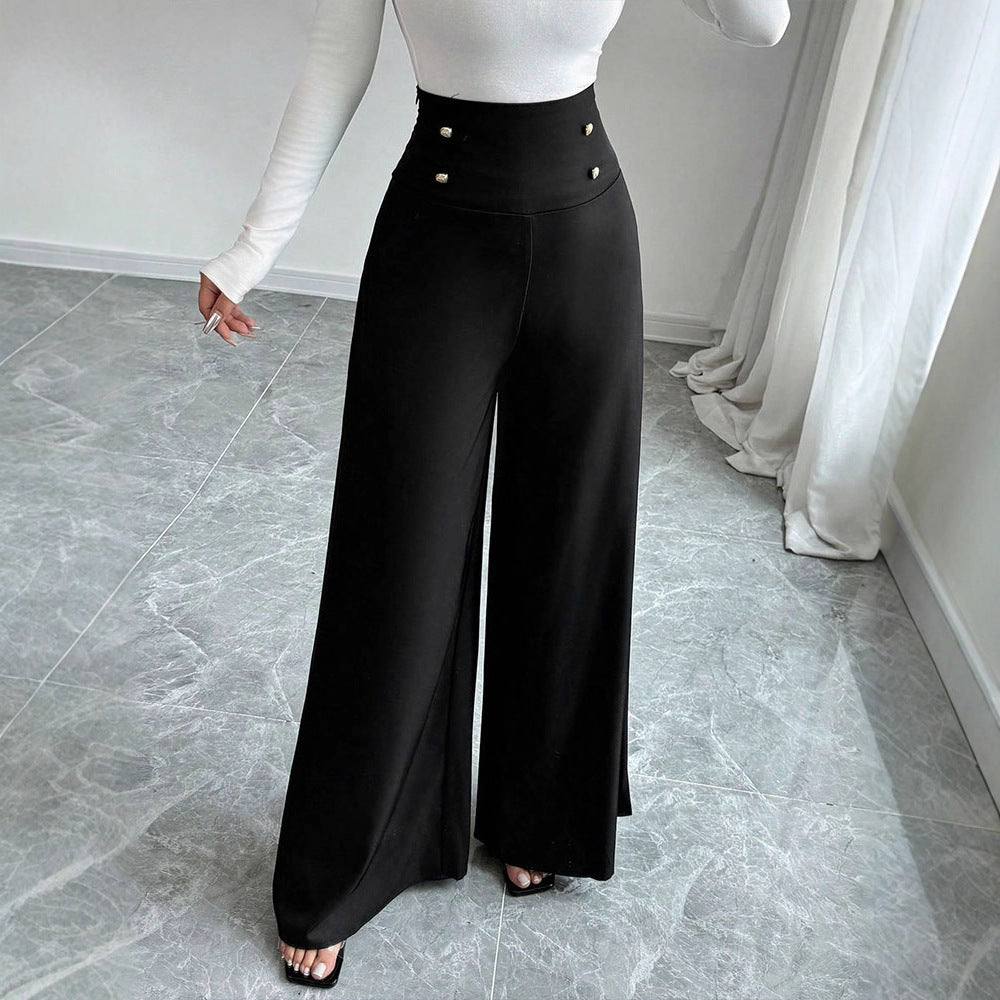 Damen Fließende Palazzo-Hose mit hohem Taillenbund und eleganten Knopfdetails EB