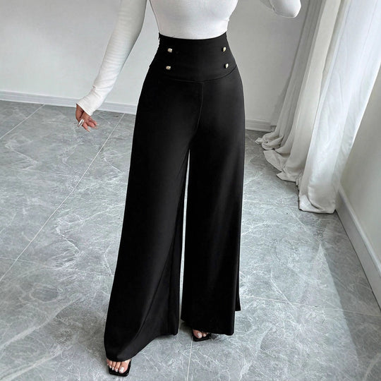 Damen Fließende Palazzo-Hose mit hohem Taillenbund und eleganten Knopfdetails EB