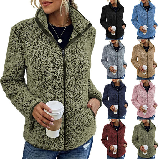 Damen flauschige Fleecejacke mit hohem Kragen und seitlichen Taschen EB