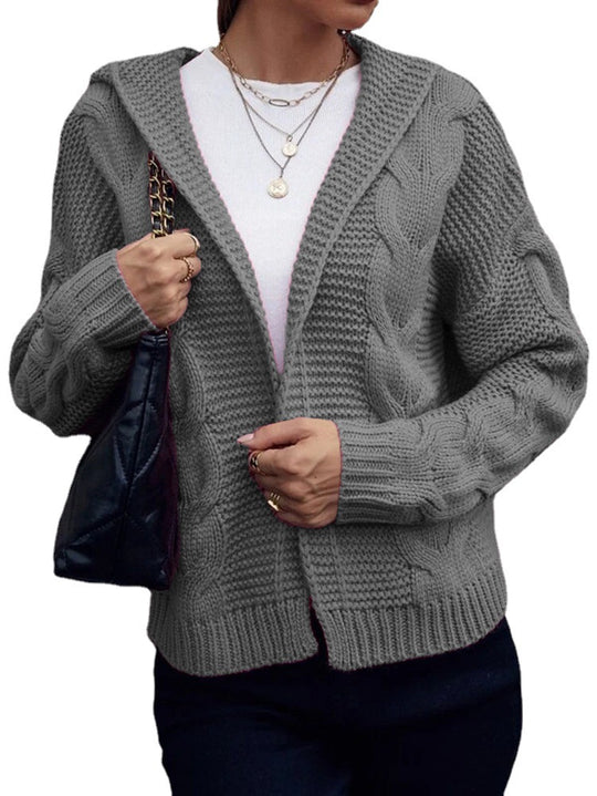 Damen Strickjacke mit Kapuze und dekorativem Kabelmuster EB