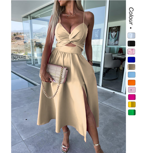 Damen Zweiteiler Ensemble mit elegantem knotenfreier Bluse und fließendem Rock mit Schlitz EB