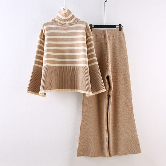 Damen Lässiges Strickensemble mit hohem Kragen und breiten Ärmeln EB