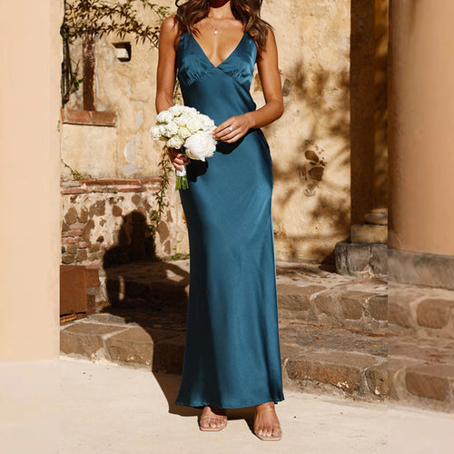Damen Satin Maxikleid mit eleganter V-Form und fließendem Schnitt EB