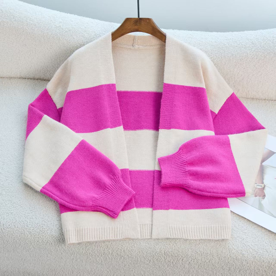 Damen Modischer Strickcardigan mit breiten Streifen und lässigem Schnitt EB