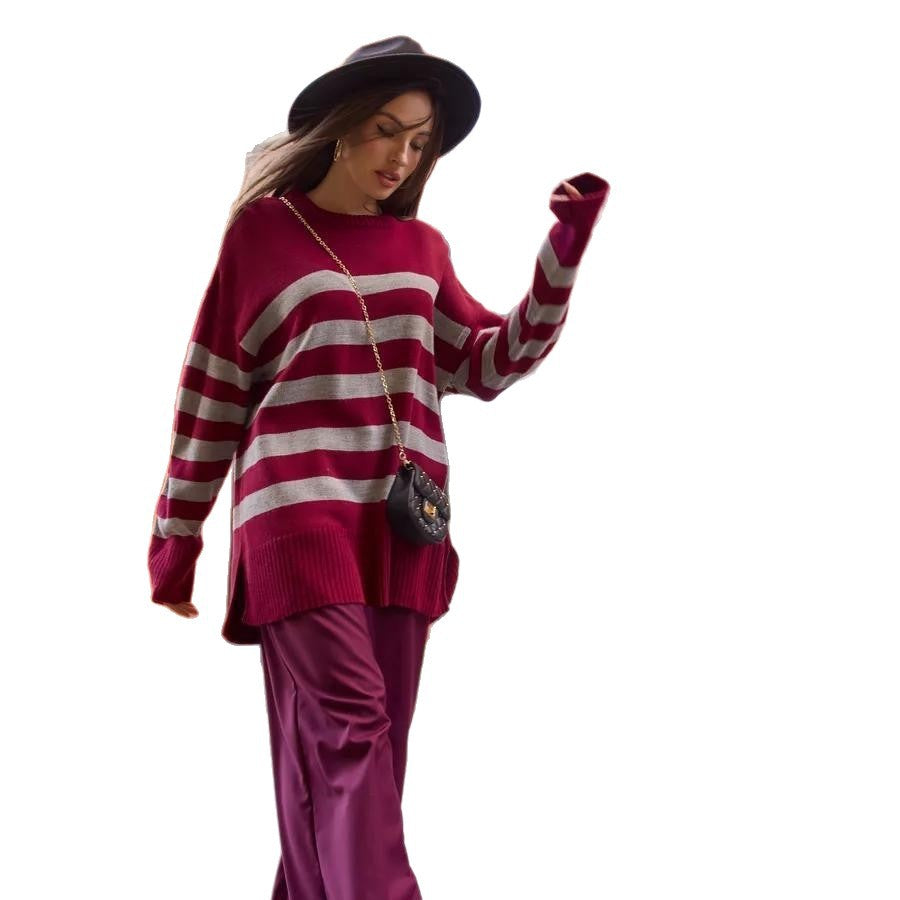 Damen Oversized Strickpullover mit markantem Streifenmuster und Rippenbündchen EB