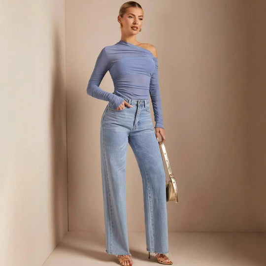 Damen Asymmetrischer Body mit Raffungen und langen Ärmeln EB