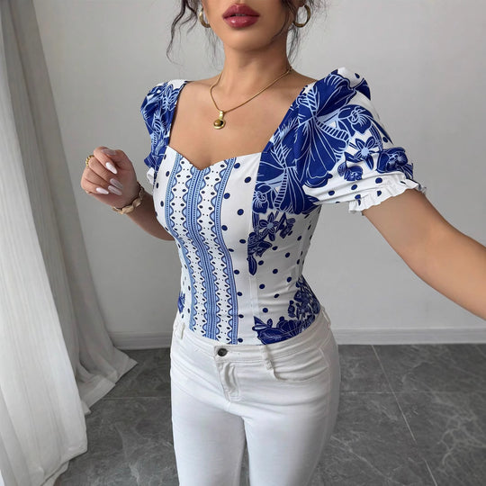 Damen Puffärmel Bluse mit floralem Muster EB