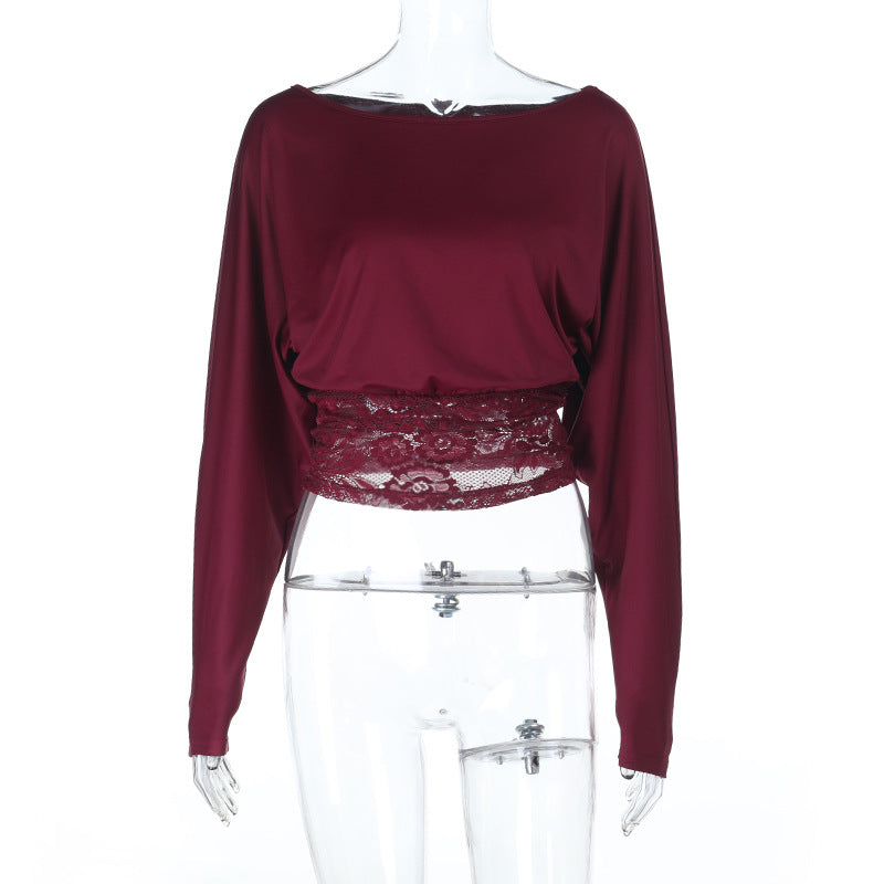 Damen elegantes Crop-Top mit Spitzenbesatz und langen Ärmeln EB