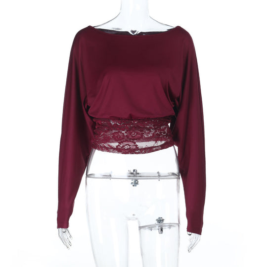 Damen elegantes Crop-Top mit Spitzenbesatz und langen Ärmeln EB