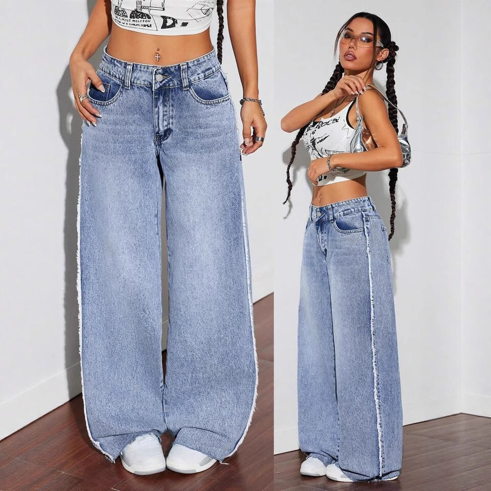 Damen Weite Denim-Jeans mit auffälligem fransigem Saum und hoher Taille EB