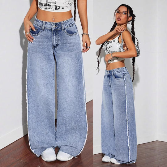Damen Weite Denim-Jeans mit auffälligem fransigem Saum und hoher Taille EB
