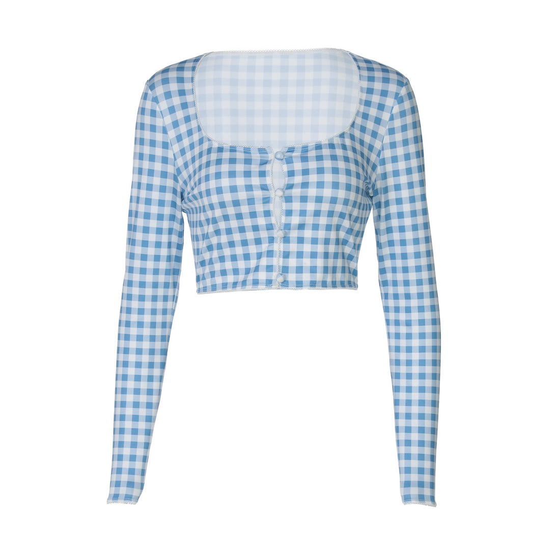 Damen cropped Langarmbluse mit Karomuster EB