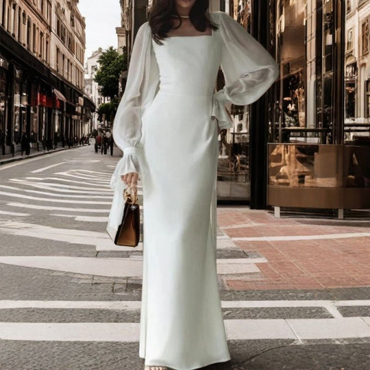 Damen elegantes Maxikleid mit Puffärmeln und quadratischem Ausschnitt EB