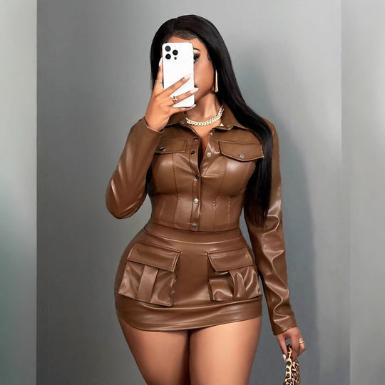 Damen Kunstleder Minikleid mit praktischen Klappentaschen EB
