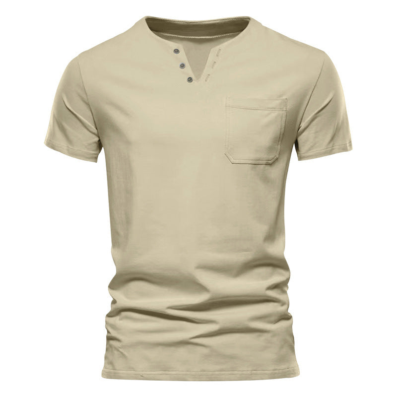 Herren nan tailliertes Kurzarm-Henleyshirt mit Brusttasche und asymmetrischer Knopfleiste EB