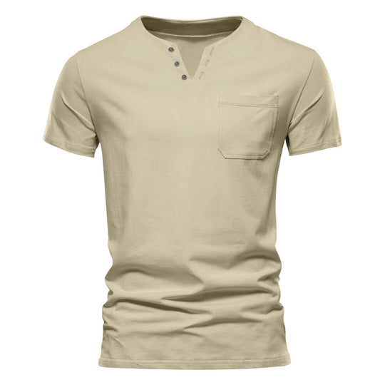 Herren nan tailliertes Kurzarm-Henleyshirt mit Brusttasche und asymmetrischer Knopfleiste EB