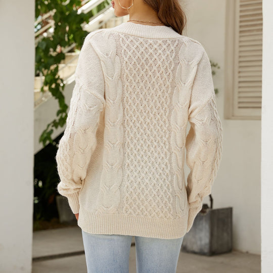 Damen Großer Strickpullover mit V-Ausschnitt und ausgefallenem Zopfmuster EB