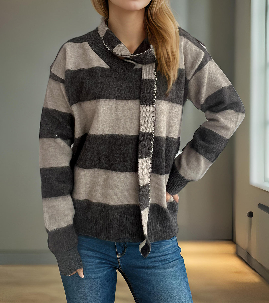 Damen lässiger Strickpullover mit modernem Streifenmuster und dekorativem Schal EB