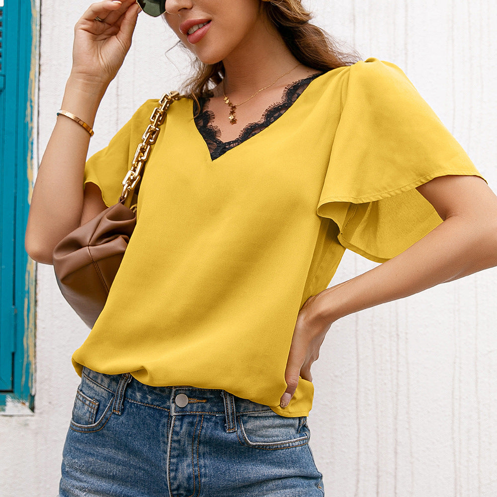 Damen elegantes Oberteil mit Spitzenbesatz und V-Ausschnitt EB