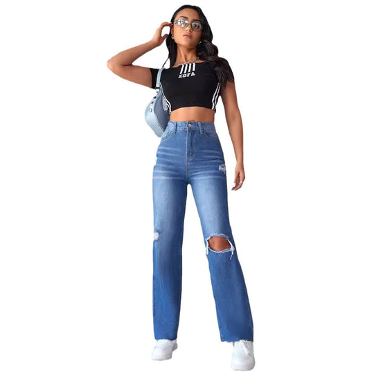 Damen Schlagjeans mit hohen Beinöffnungen und modischen Destroyed-Details EB