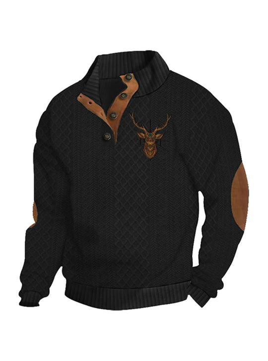 Herren nan Heritage-Strukturpullover mit Stehkragen Lederimitat-Besatz Ellenbogen-Patches und Halbknopfleiste EB