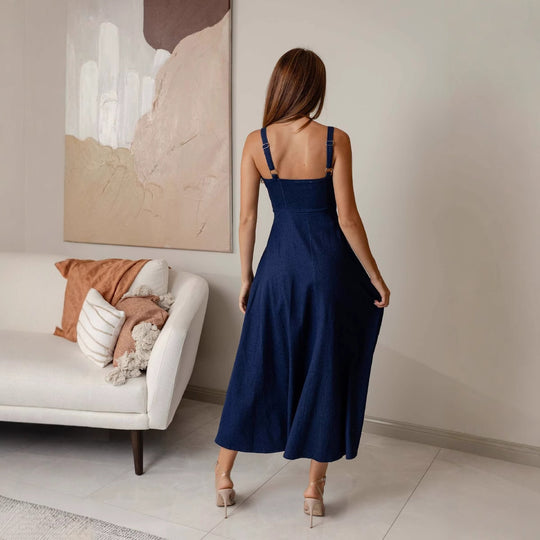 Damen Maxikleid mit raffiniertem Oberteil und schwingendem Rock EB