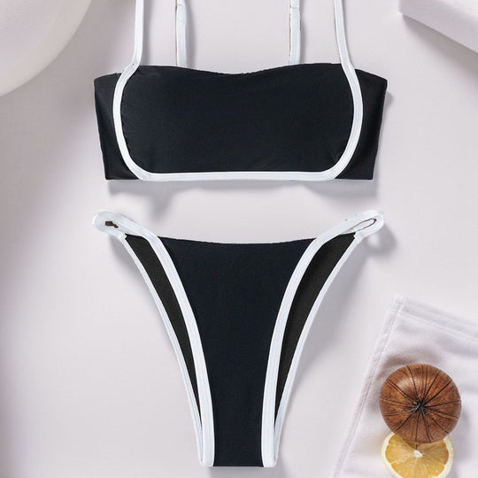 Damen Bandeau Bikini mit hohem Beinausschnitt und verstellbaren Trägern EB